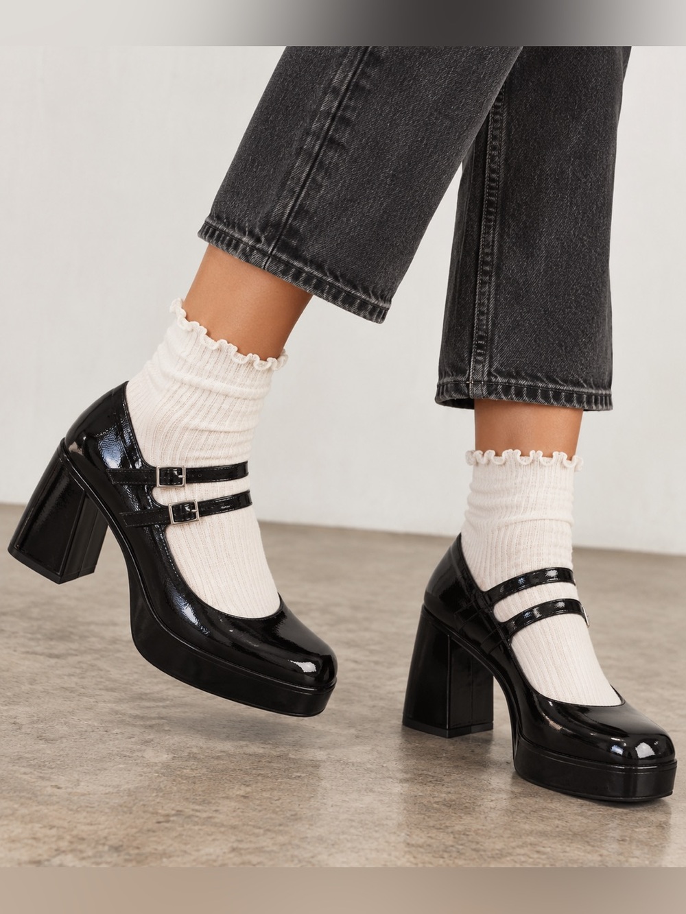 Free People Double Strap Mary Jane Platforms Black Patent Leather 7.5-8